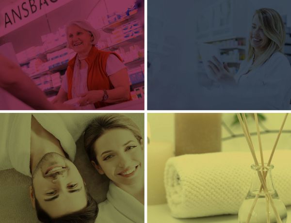 Vier Bilder zeigen Personen in Innenräumen, Handtücher und Apothekenumfeld in Farbtönen.