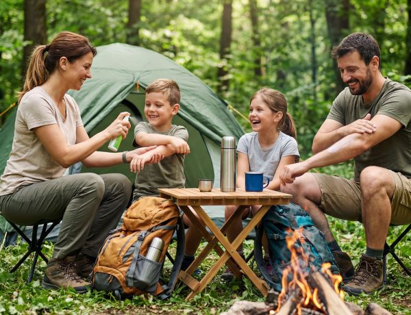 Zwei Erwachsene und zwei Kinder sitzen im Wald am Lagerfeuer, Zelt im Hintergrund