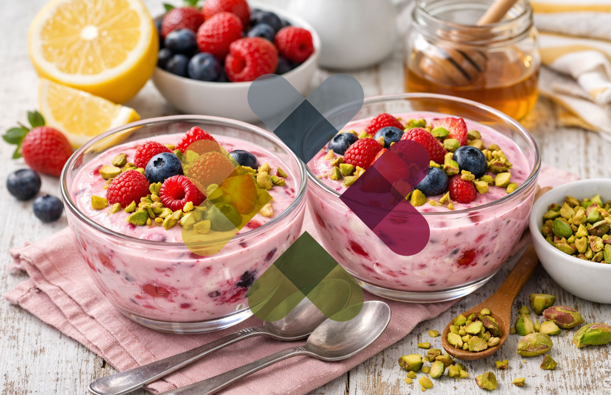 Zwei Glasschalen mit rosa Müsli, Beeren und gehackten Pistazien, daneben Honigglas und Zitrone.